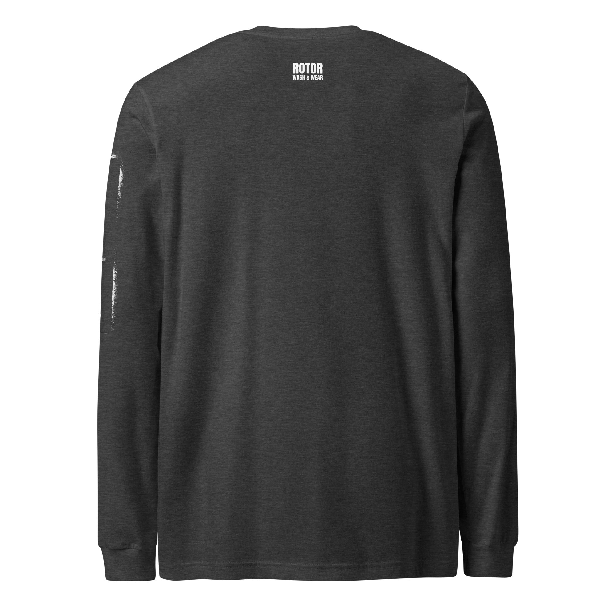 Black long-sleeve shirt with 'ROTOR WASH & WEAR' branding on the back against a white background
