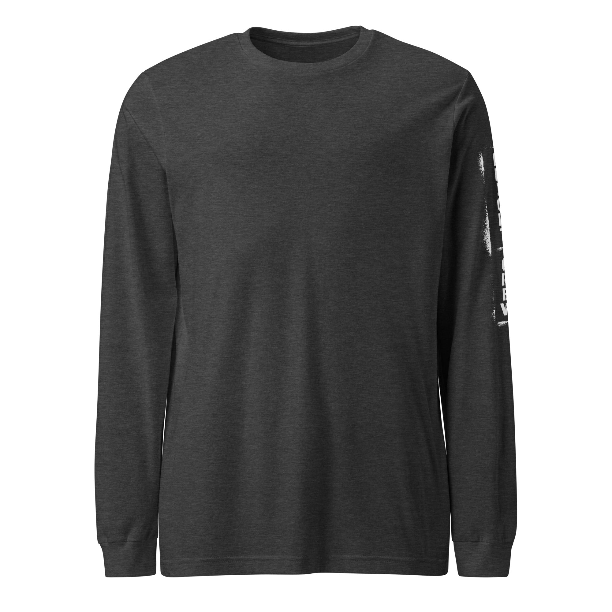 Dark gray long-sleeve shirt with a logo on the sleeve against a white background
