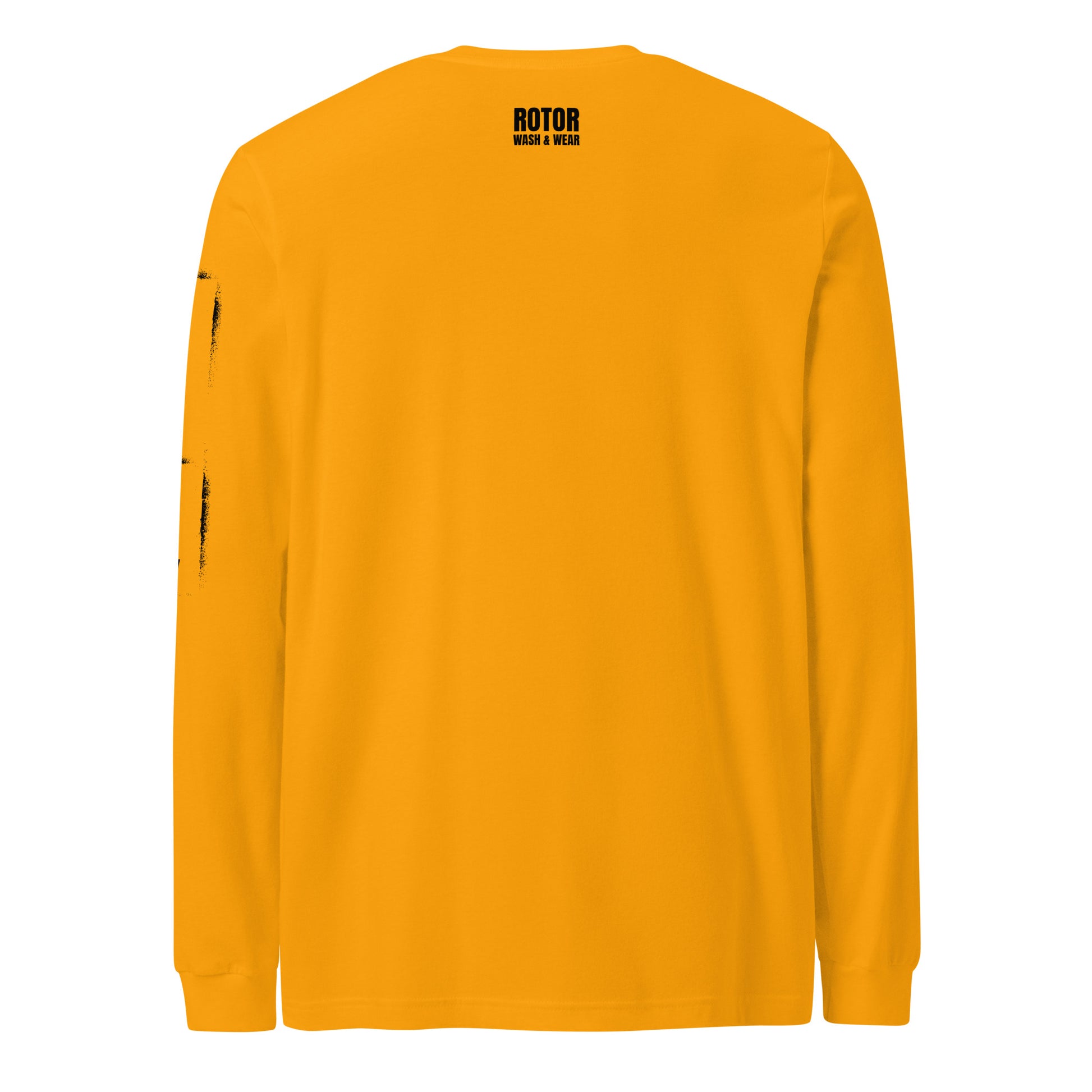 Yellow long-sleeve shirt with black "Rotor Wash & Wear" logo on the back against a white background