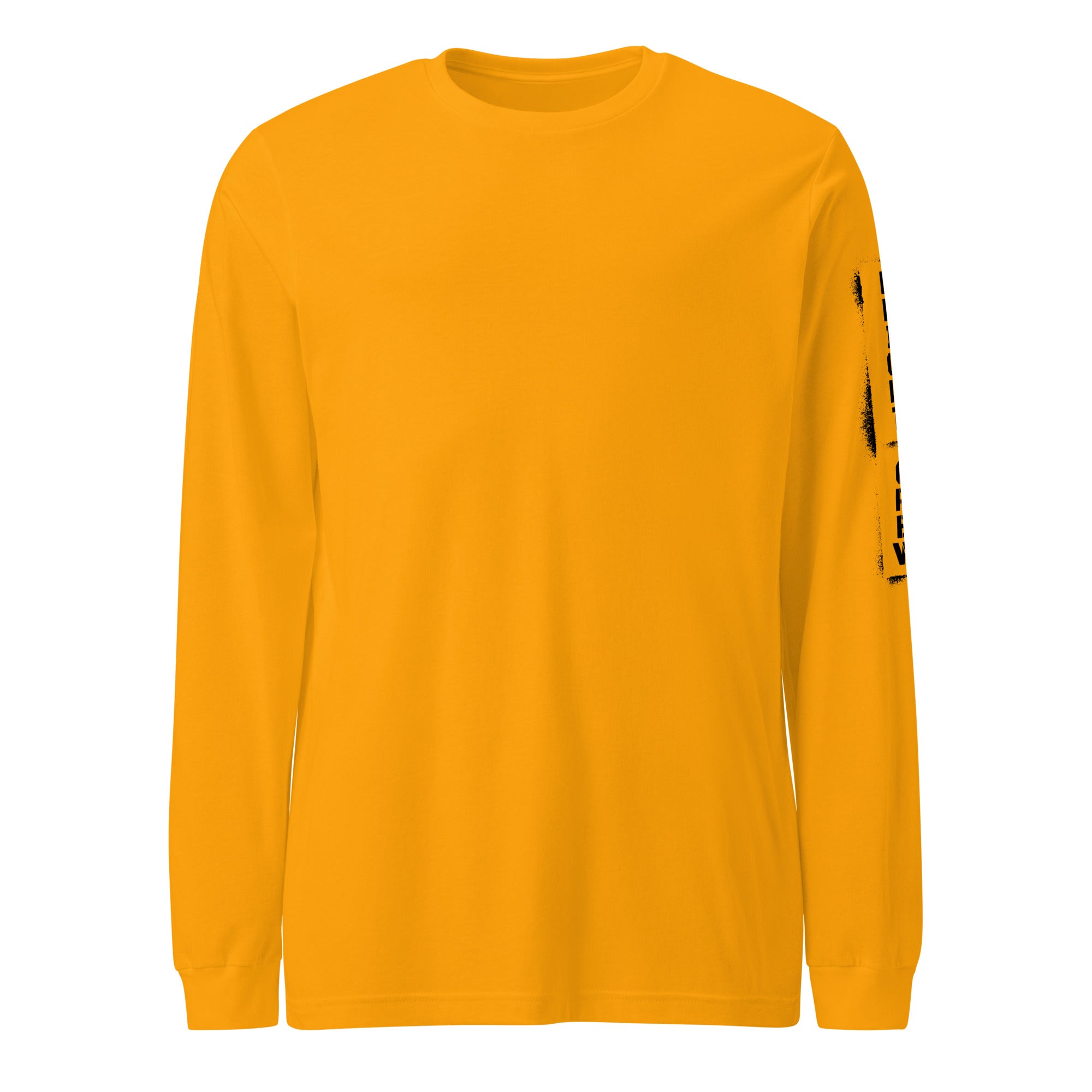 Yellow long-sleeve shirt with black designs on sleeves against a white background