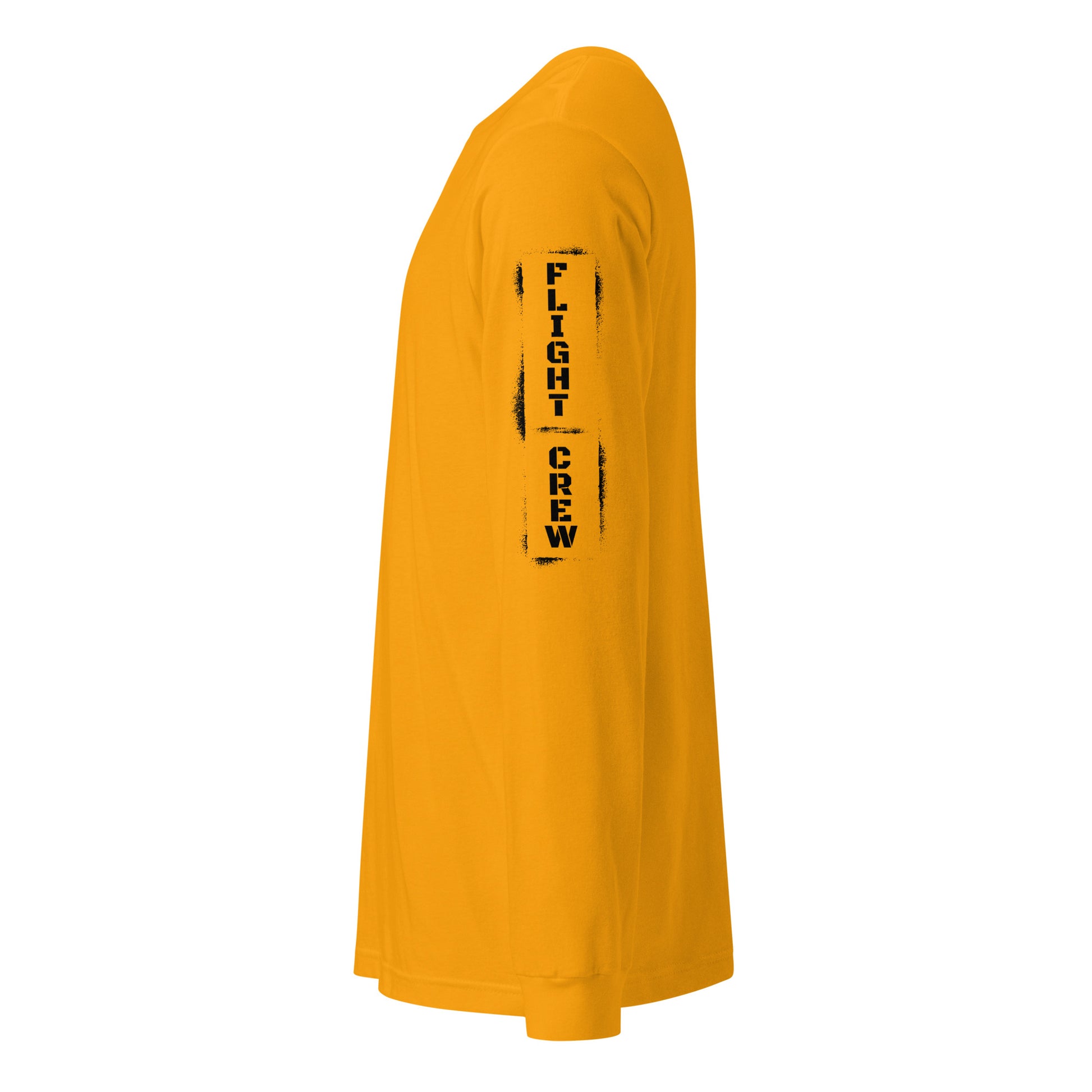 Yellow long-sleeve shirt with 'FLIGHT CREW' text on sleeve against by Rotor Wash & Wear