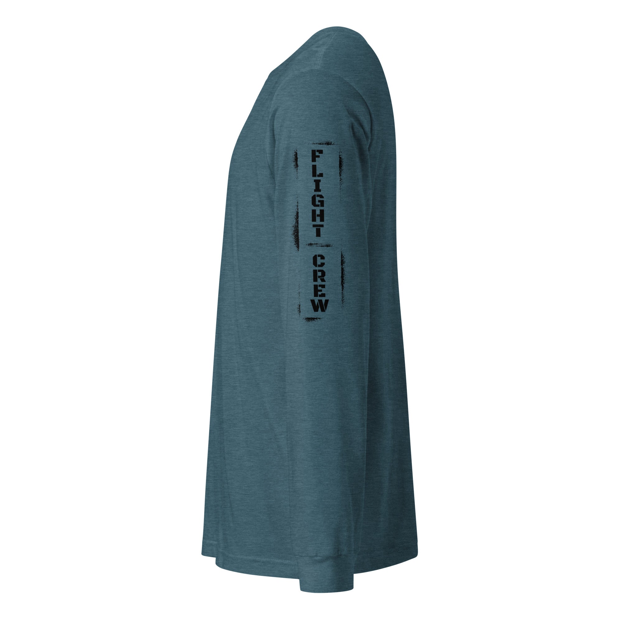 Teal long-sleeve shirt with 'FLIGHT CREW' text on sleeve against by Rotor Wash & Wear