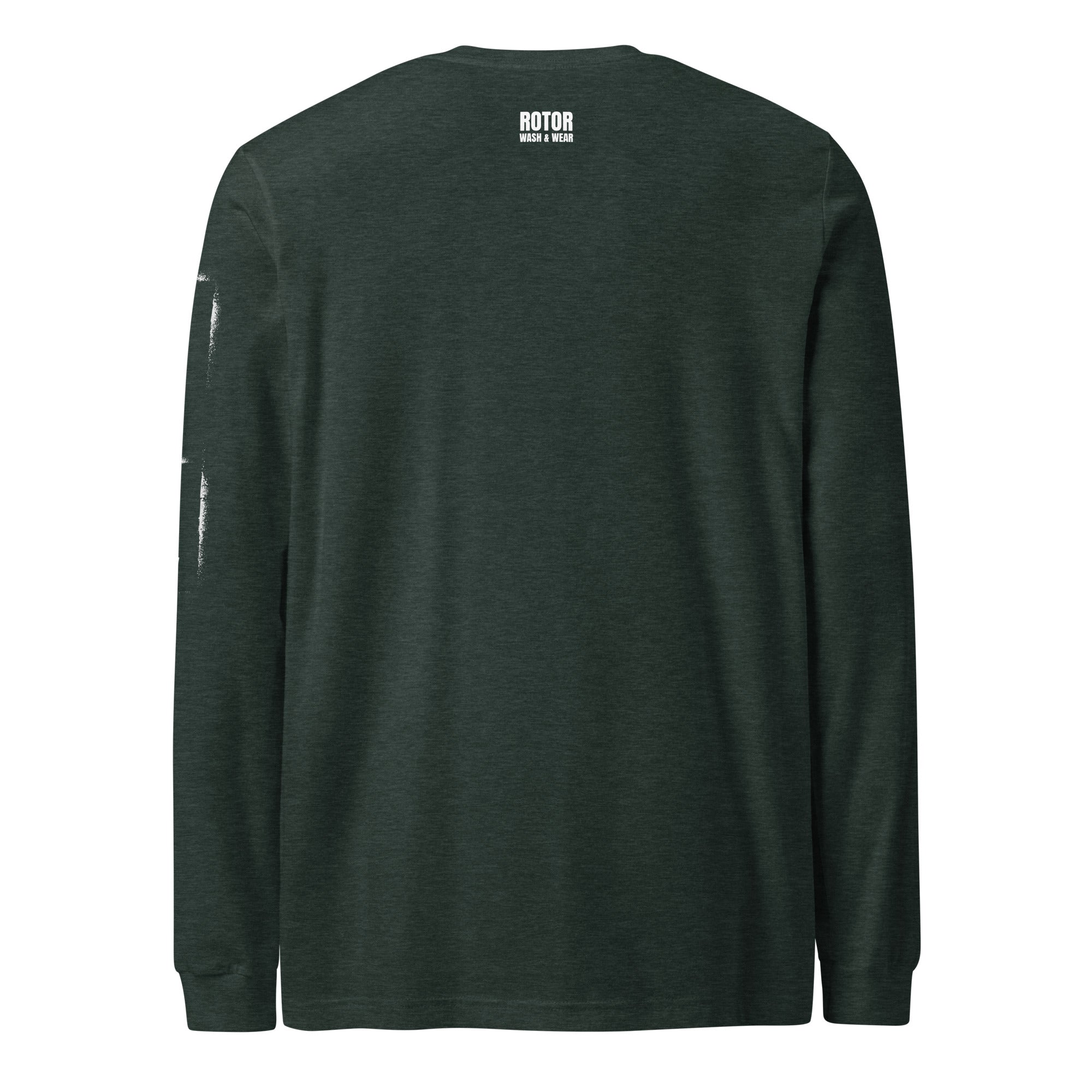 Dark green long-sleeve shirt with 'ROTOR WASH & WEAR' branding on the back against a white background