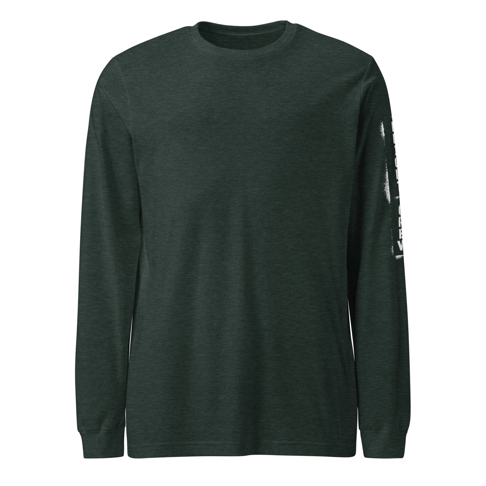 Dark green long-sleeve shirt with a white logo on the sleeve against a white background