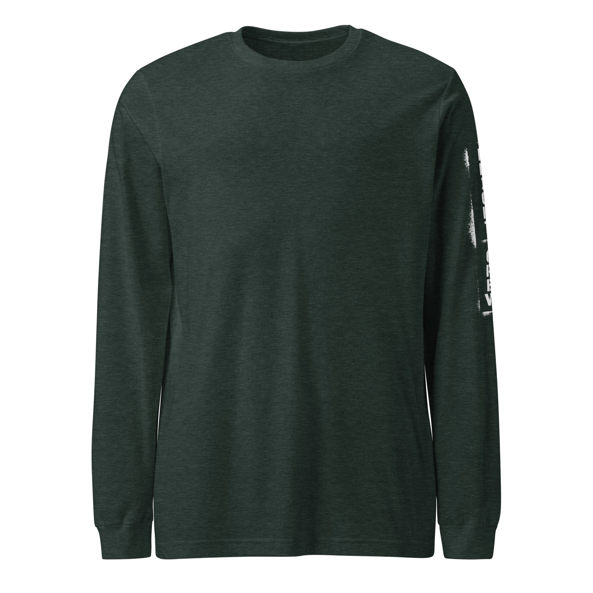 Dark green long-sleeve shirt with a white logo on the sleeve against a white background