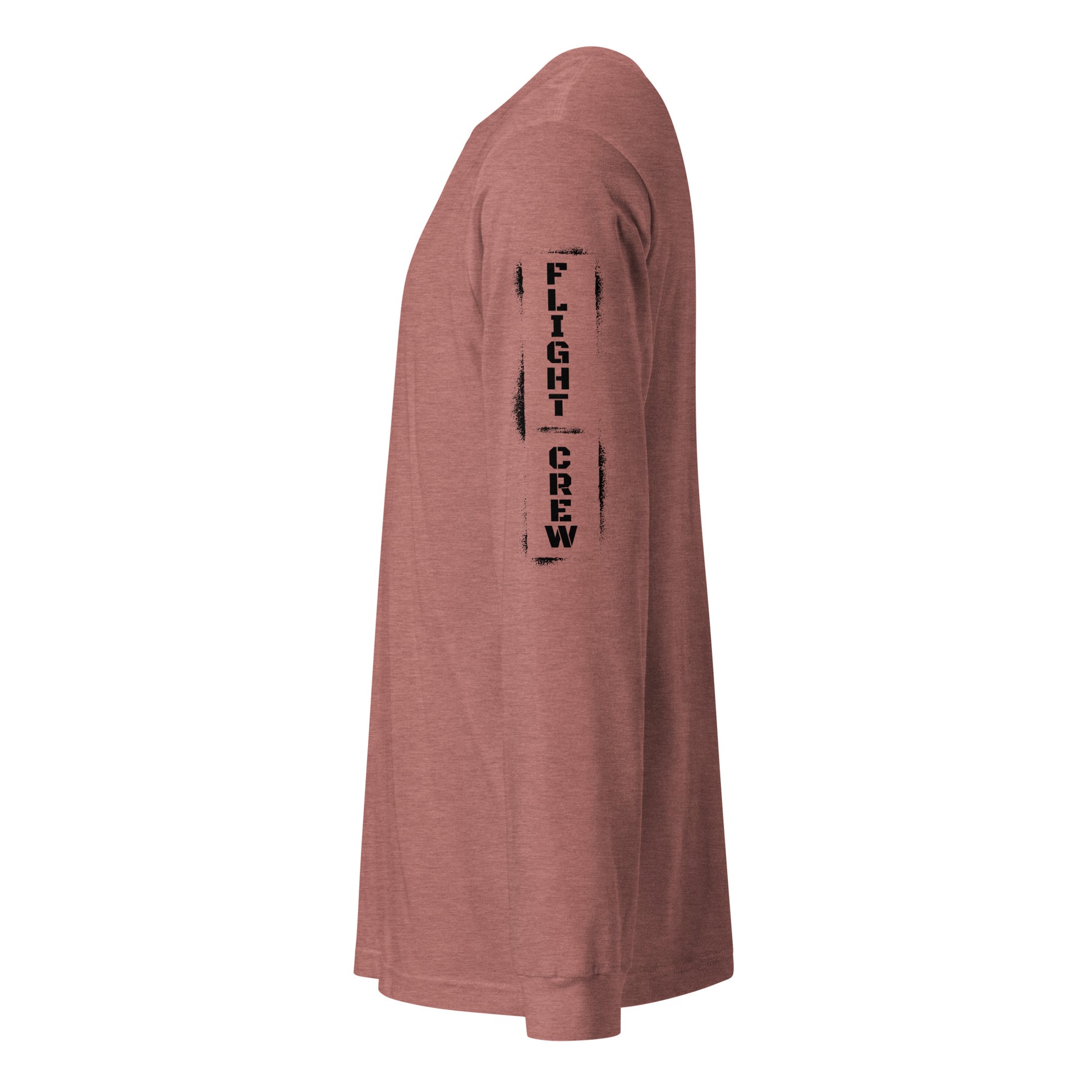 Mauve long-sleeve shirt with 'FLIGHT CREW' text on sleeve against by Rotor Wash & Wear