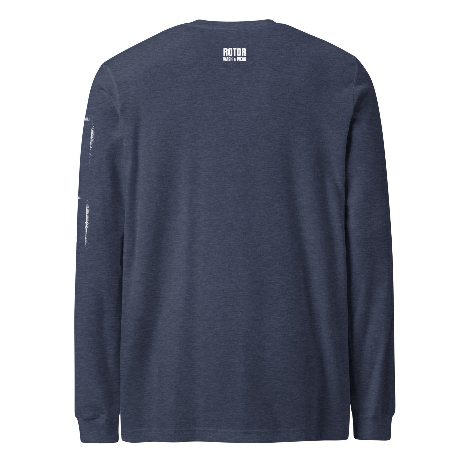 Navy long-sleeve shirt with 'ROTOR WASH & WEAR' branding on the back against a white background