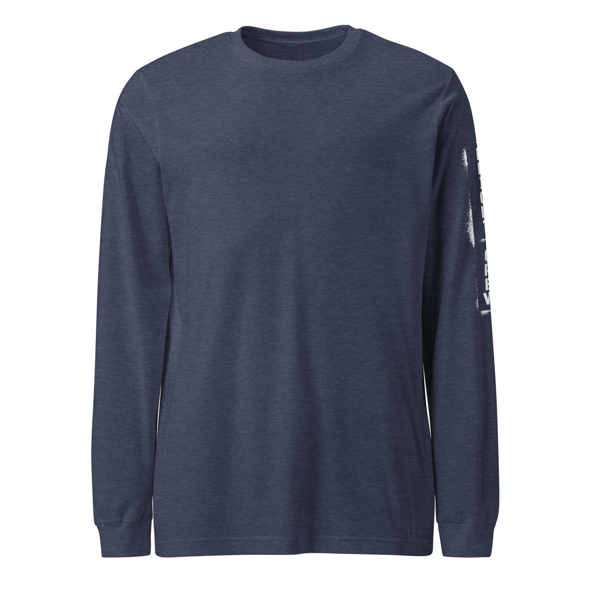 Navy blue long-sleeve shirt with a logo on the sleeve against a white background