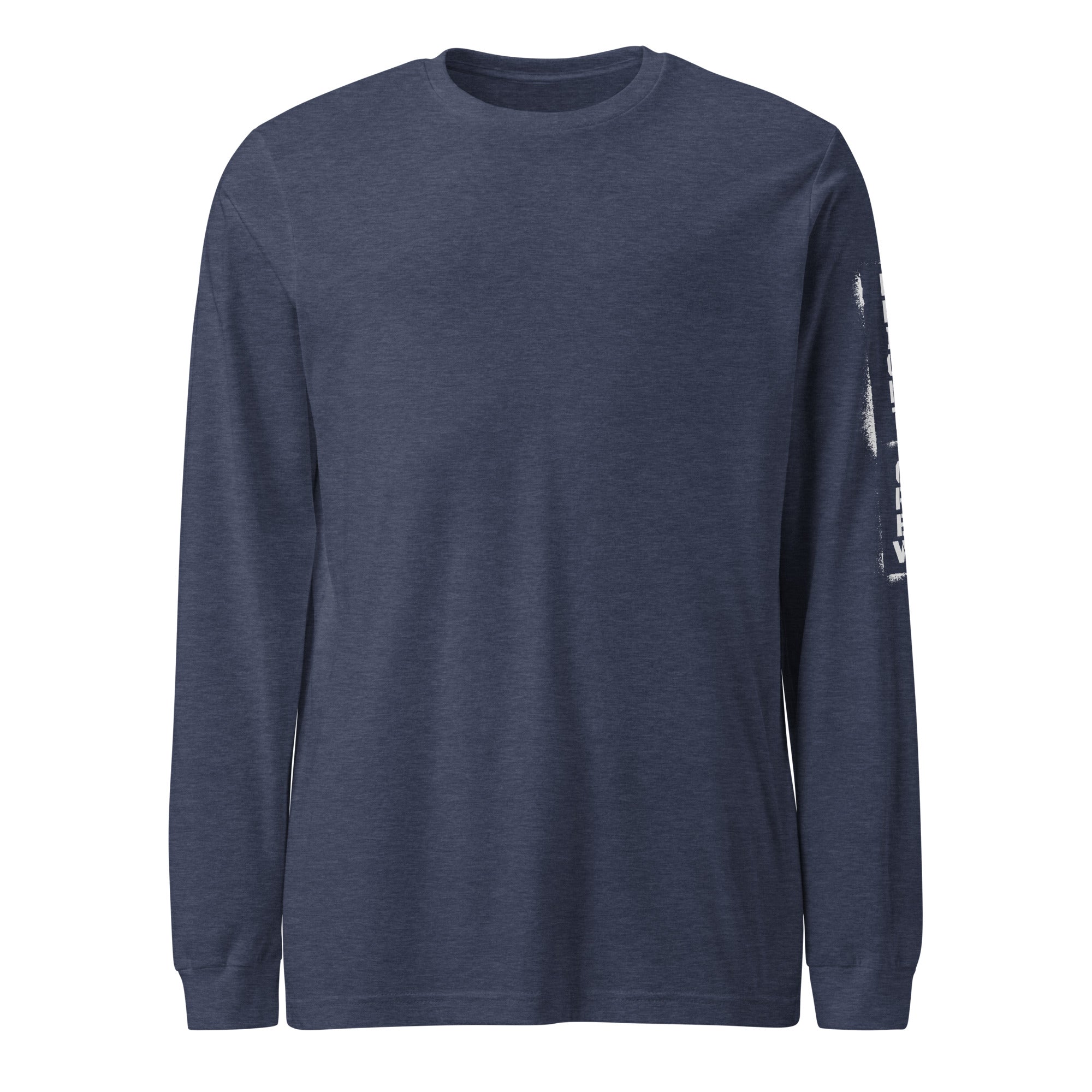 Navy blue long-sleeve shirt with a logo on the sleeve against a white background