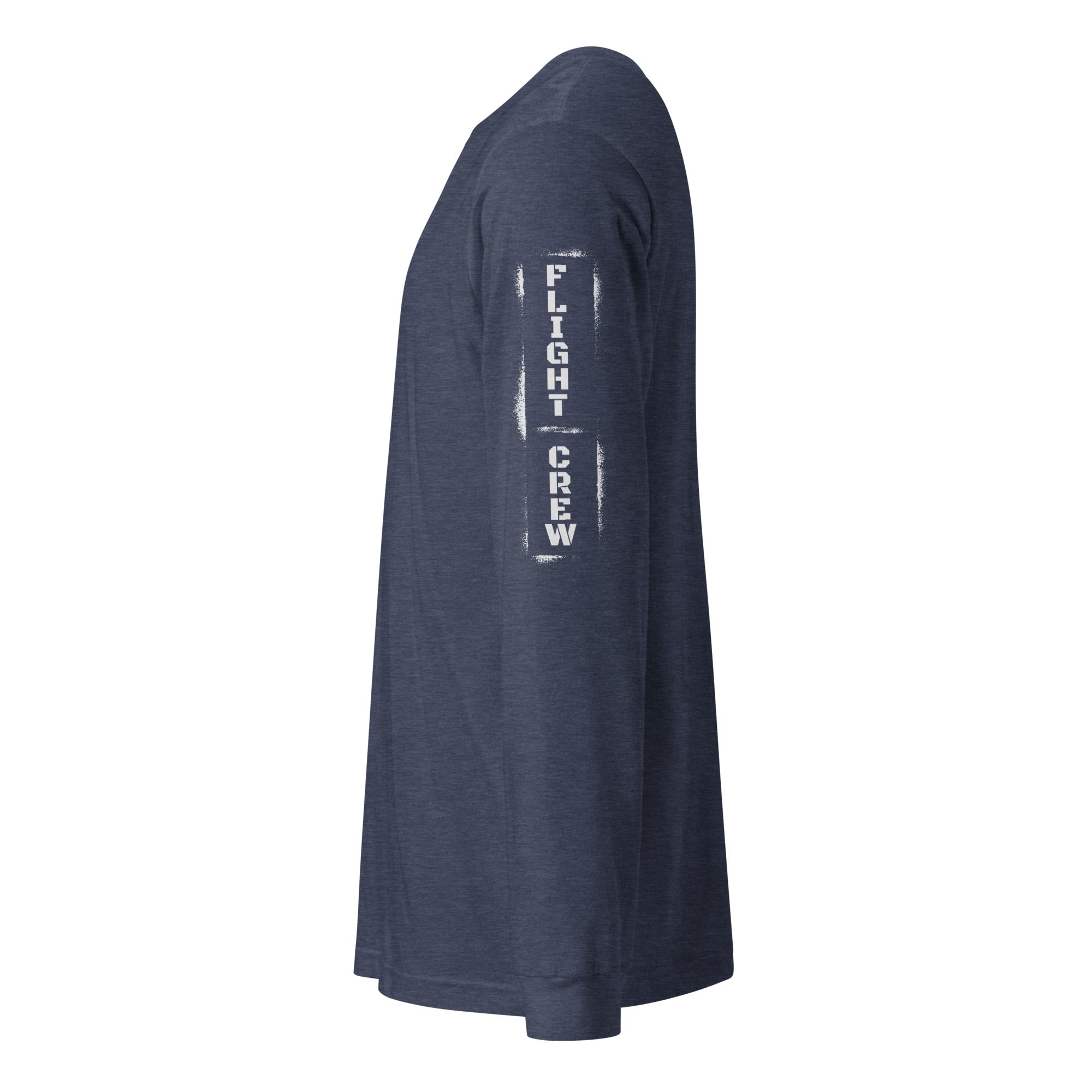 Blue long-sleeve shirt with 'FLIGHT CREW' text on sleeve against by Rotor Wash & Wear
