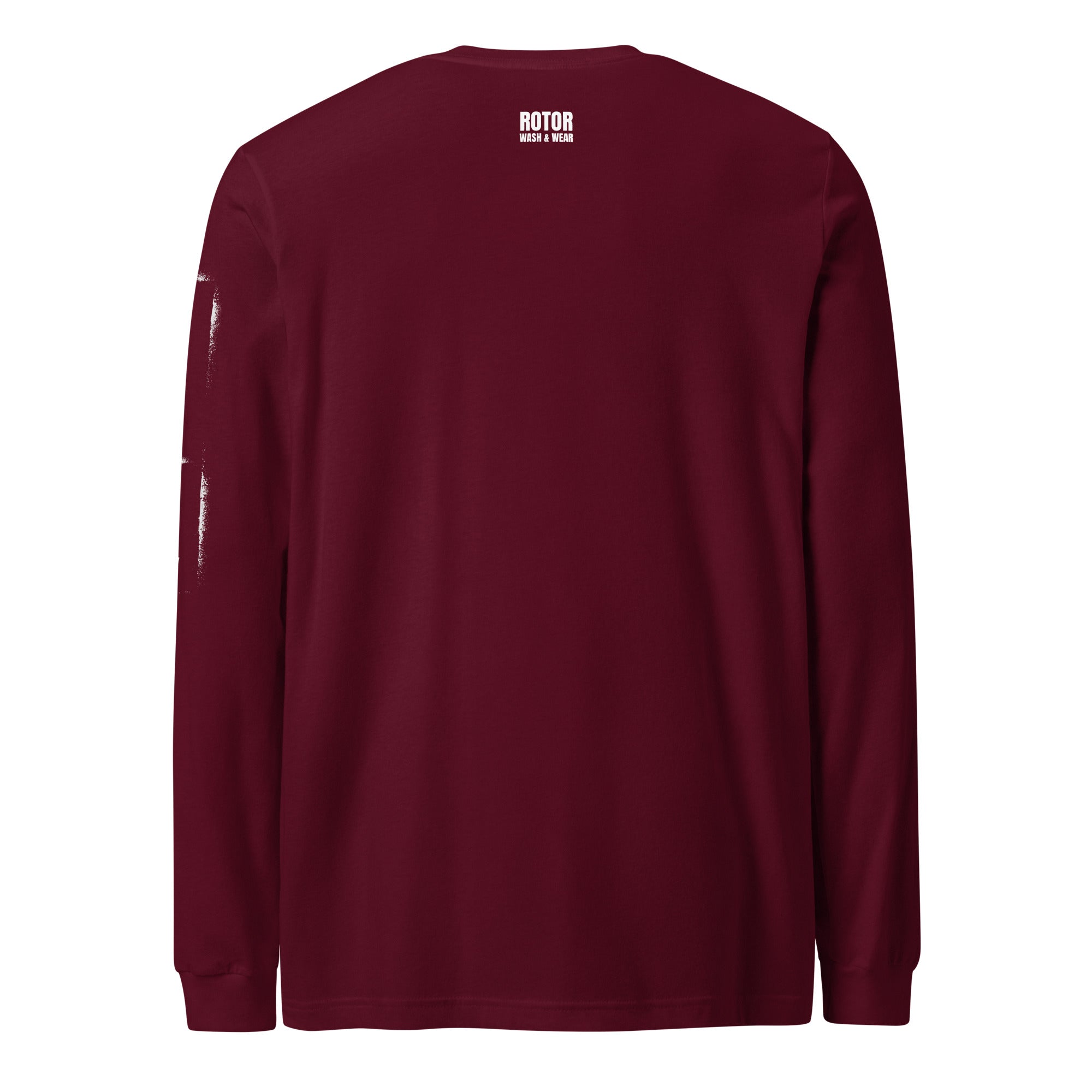 Maroon long-sleeve shirt with 'ROTOR WASH & WEAR' branding on the back against a white background