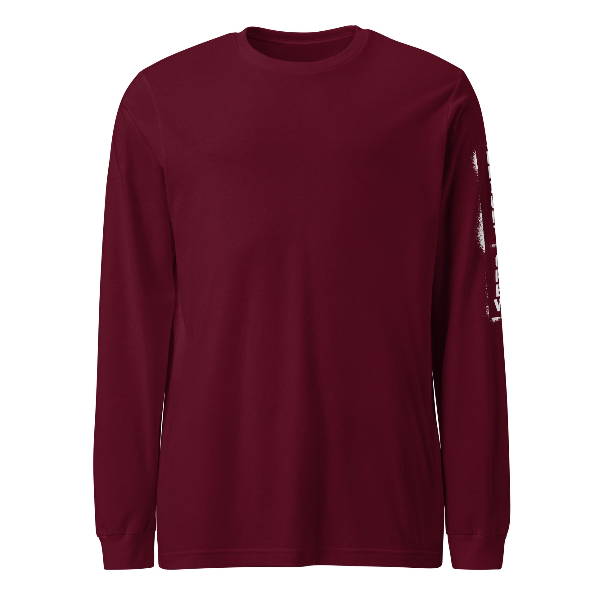 Maroon long-sleeve shirt with a logo on the sleeve against a white background