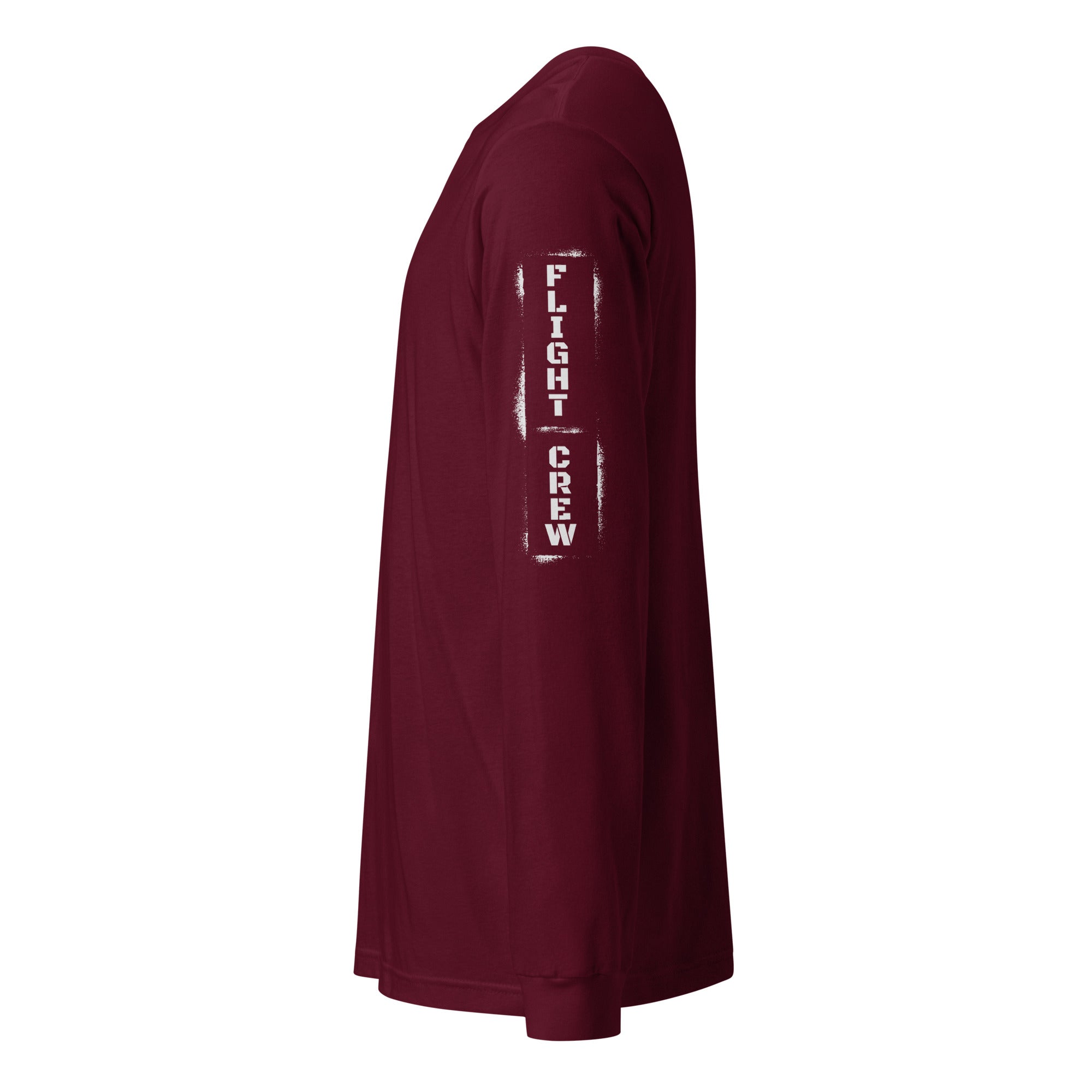 Maroon long-sleeve shirt with 'FLIGHT CREW' text on sleeve against by Rotor Wash & Wear