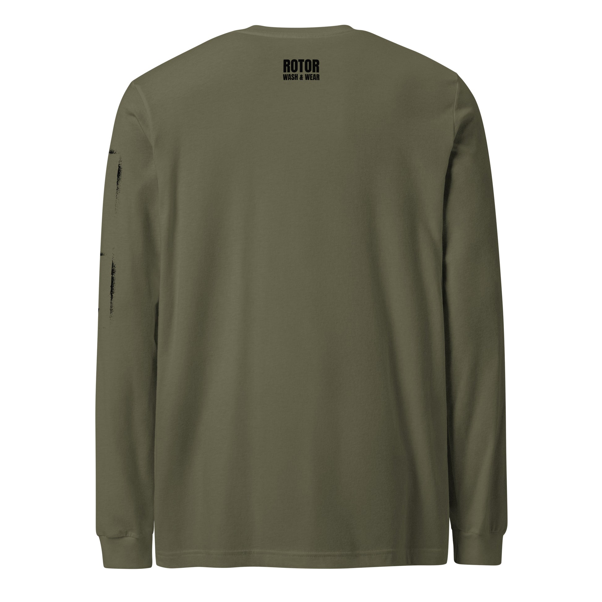 Military green long-sleeve shirt with black "Rotor Wash & Wear" logo on the back against a white background