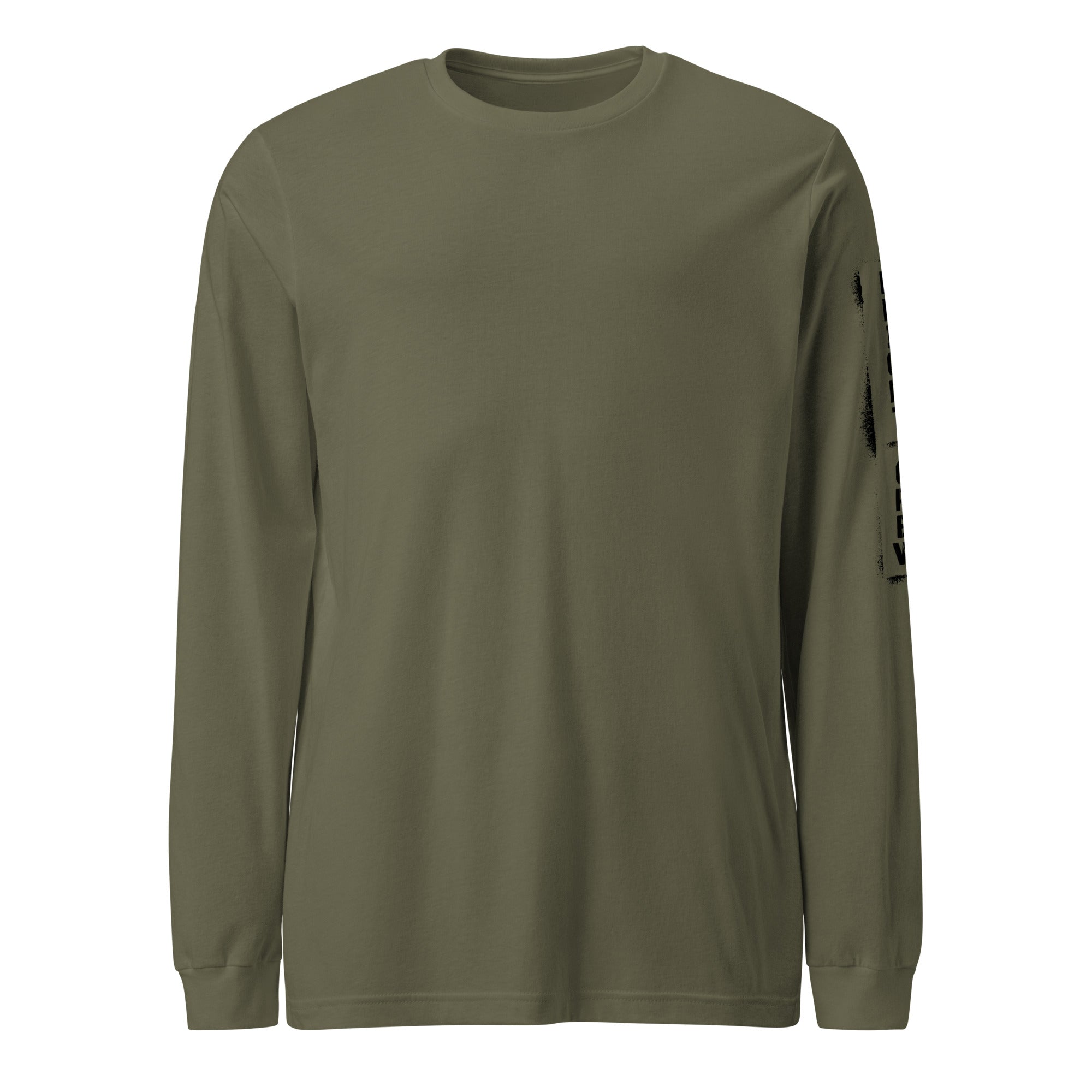 Olive green long-sleeve shirt on a white background
