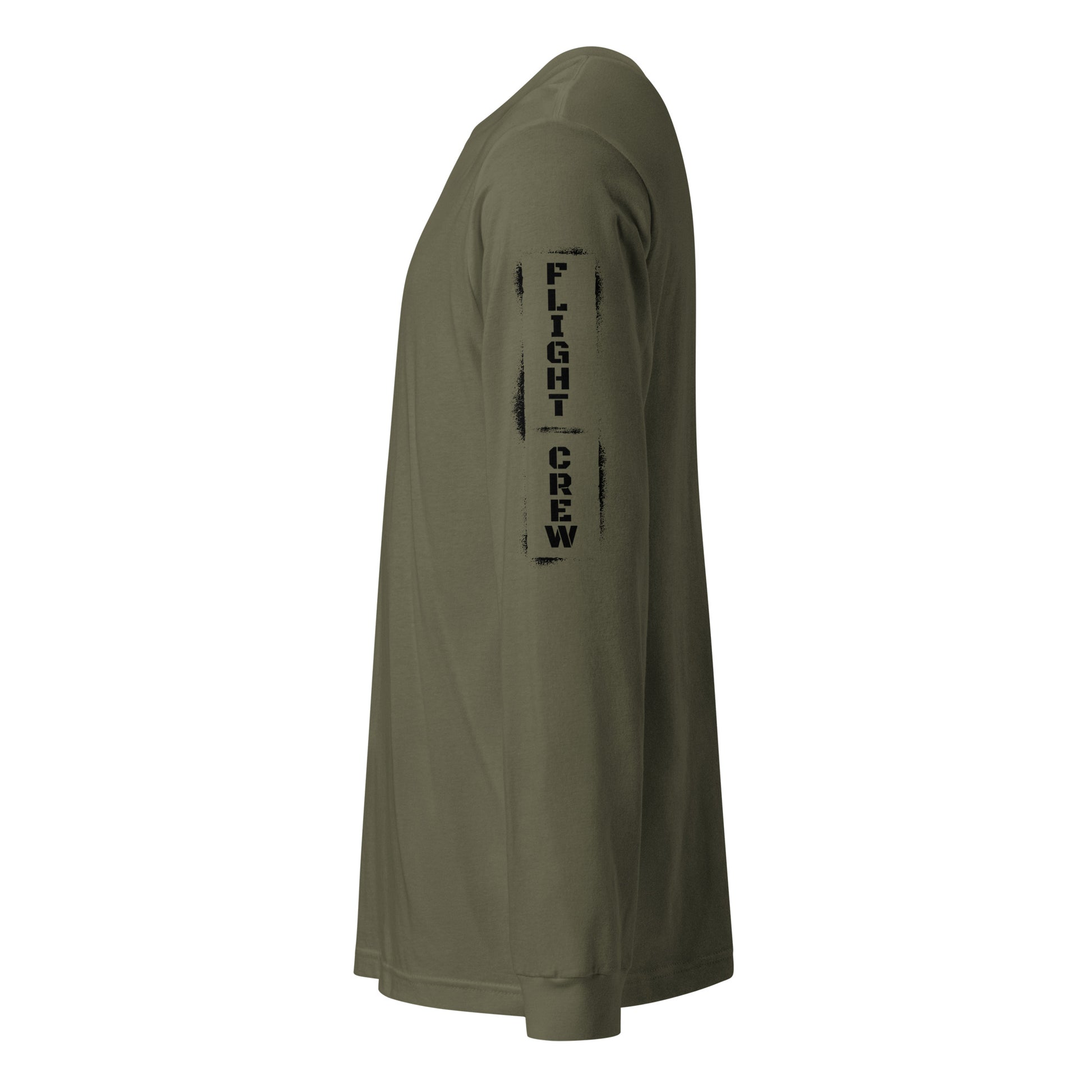Military green long-sleeve shirt with 'FLIGHT CREW' text on sleeve against by Rotor Wash & Wear
