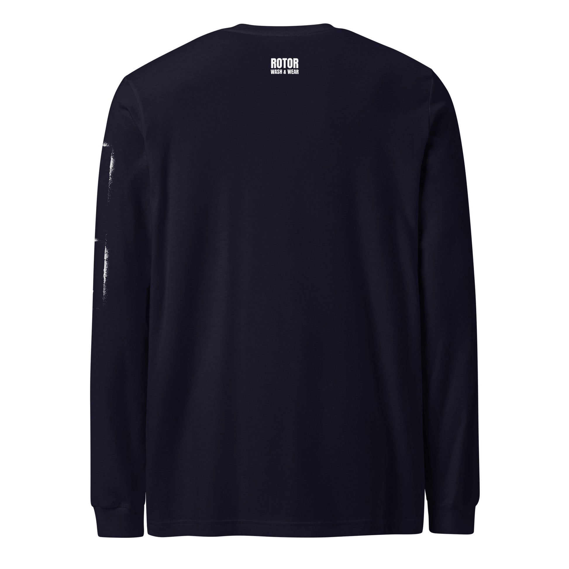 Dark gray long-sleeve shirt with 'ROTOR WASH & WEAR' branding on the back against a white background