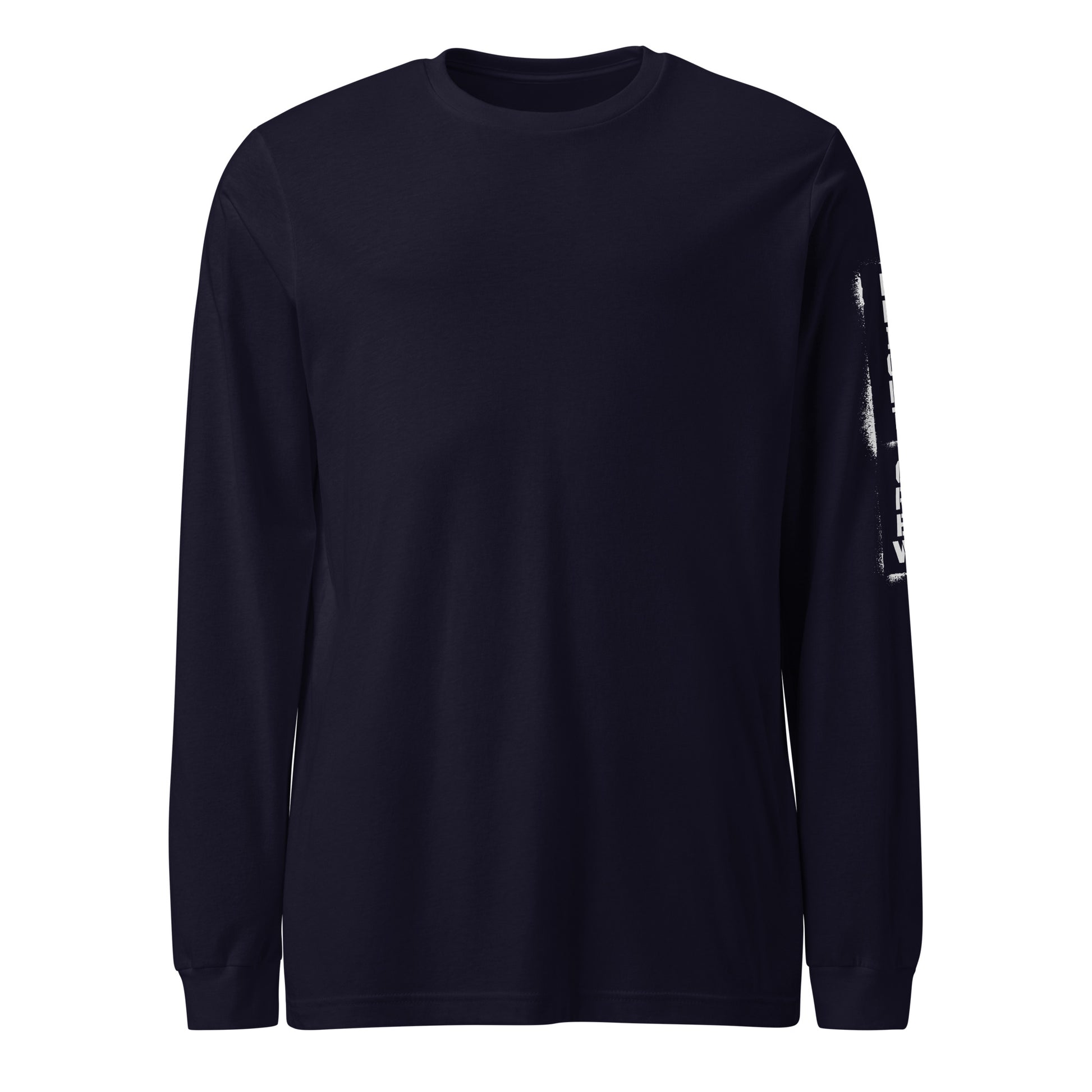 Black long-sleeve shirt with white text on sleeve against a white background