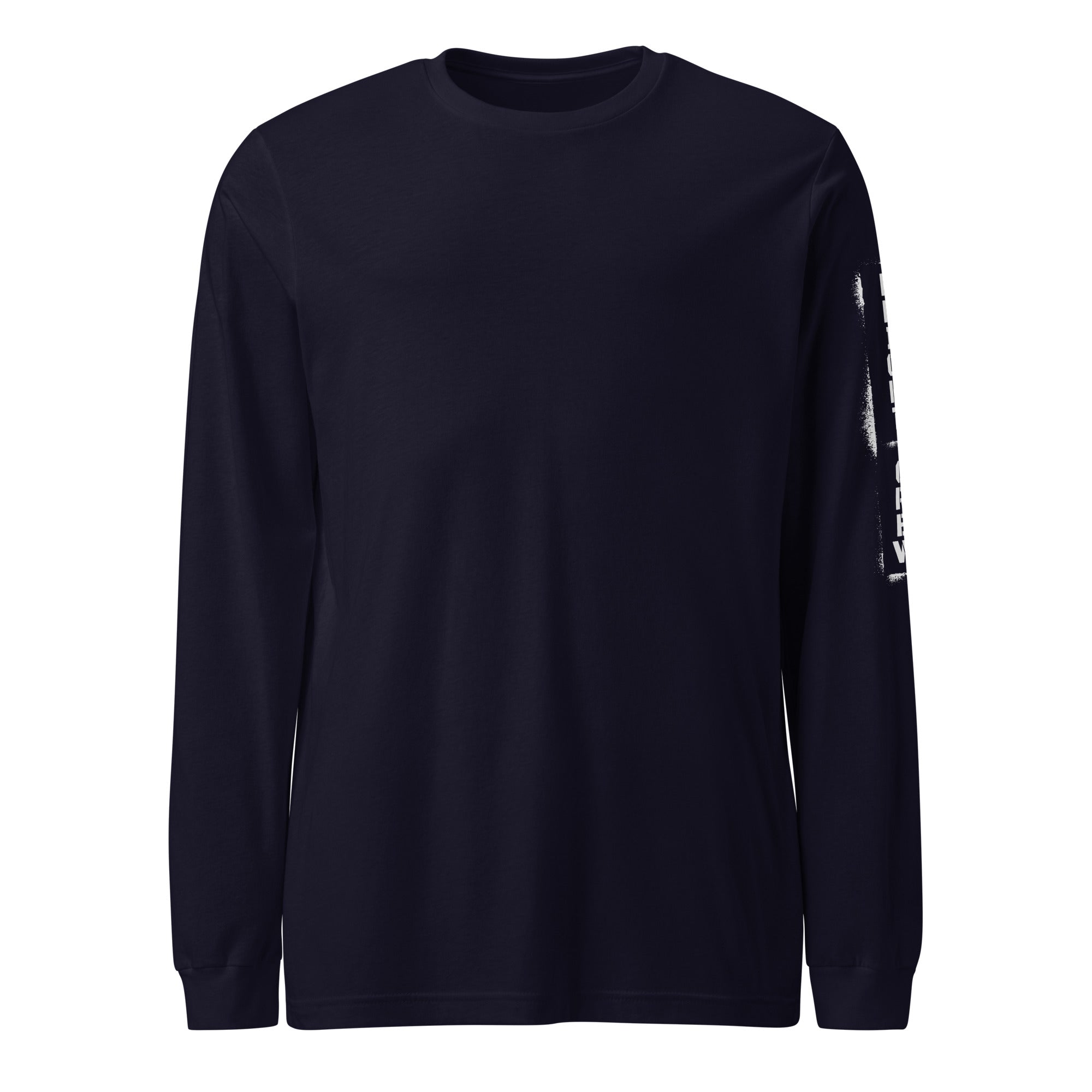 Black long-sleeve shirt with white text on sleeve against a white background