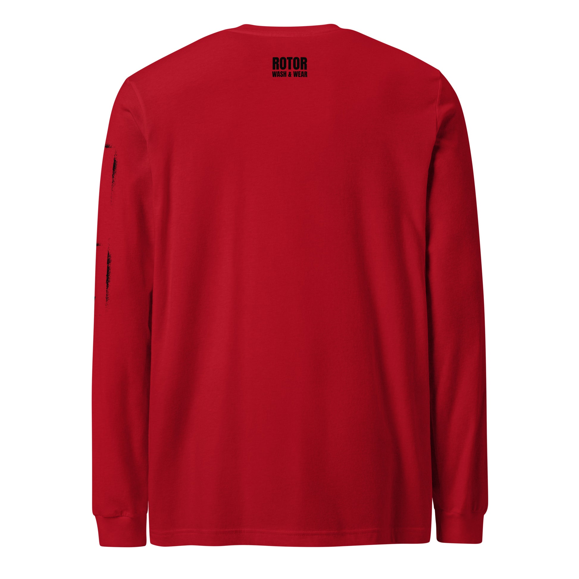 Red long-sleeve shirt with black "Rotor Wash & Wear" logo on the back against a white background
