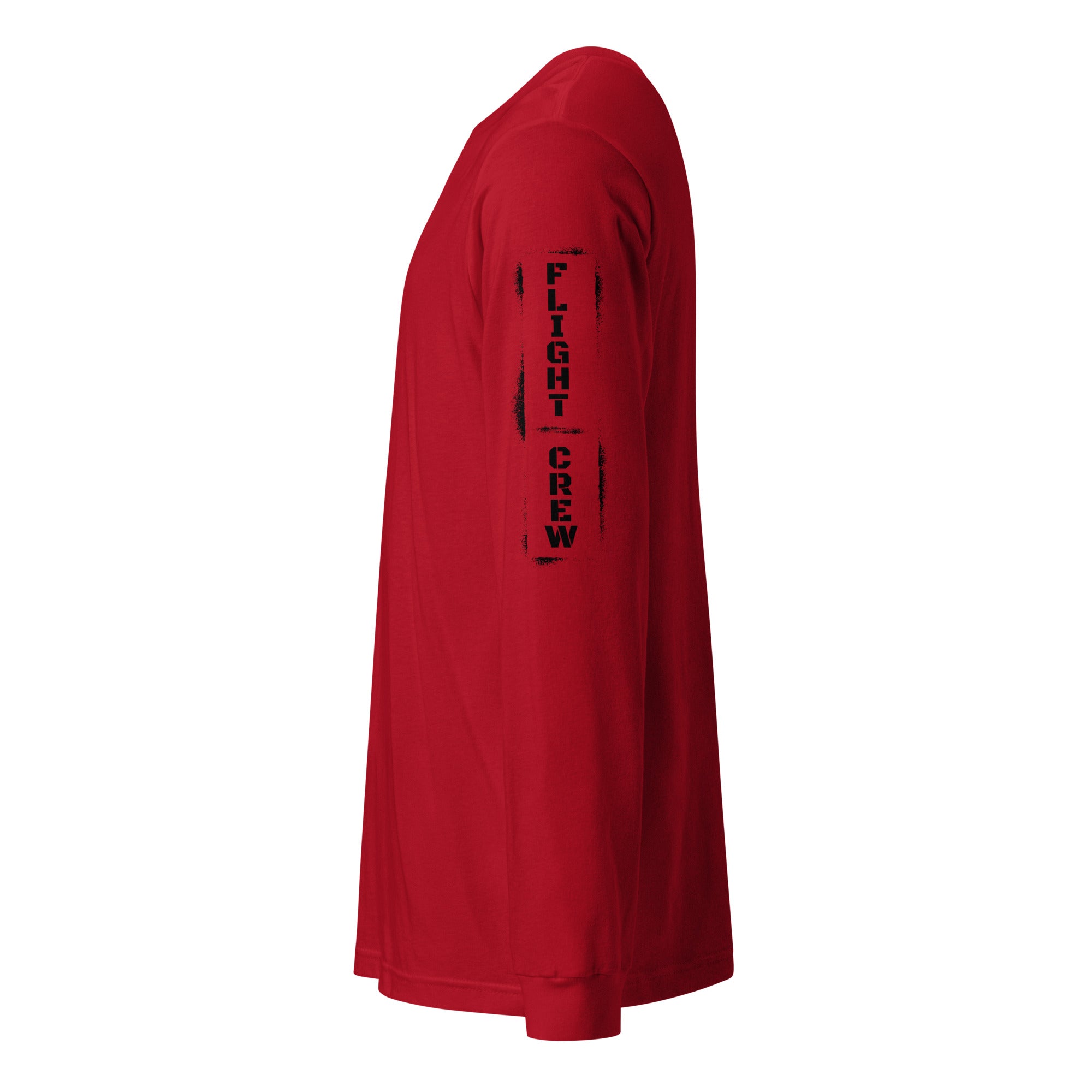 Red long-sleeve shirt with 'FLIGHT CREW' text on sleeve against by Rotor Wash & Wear