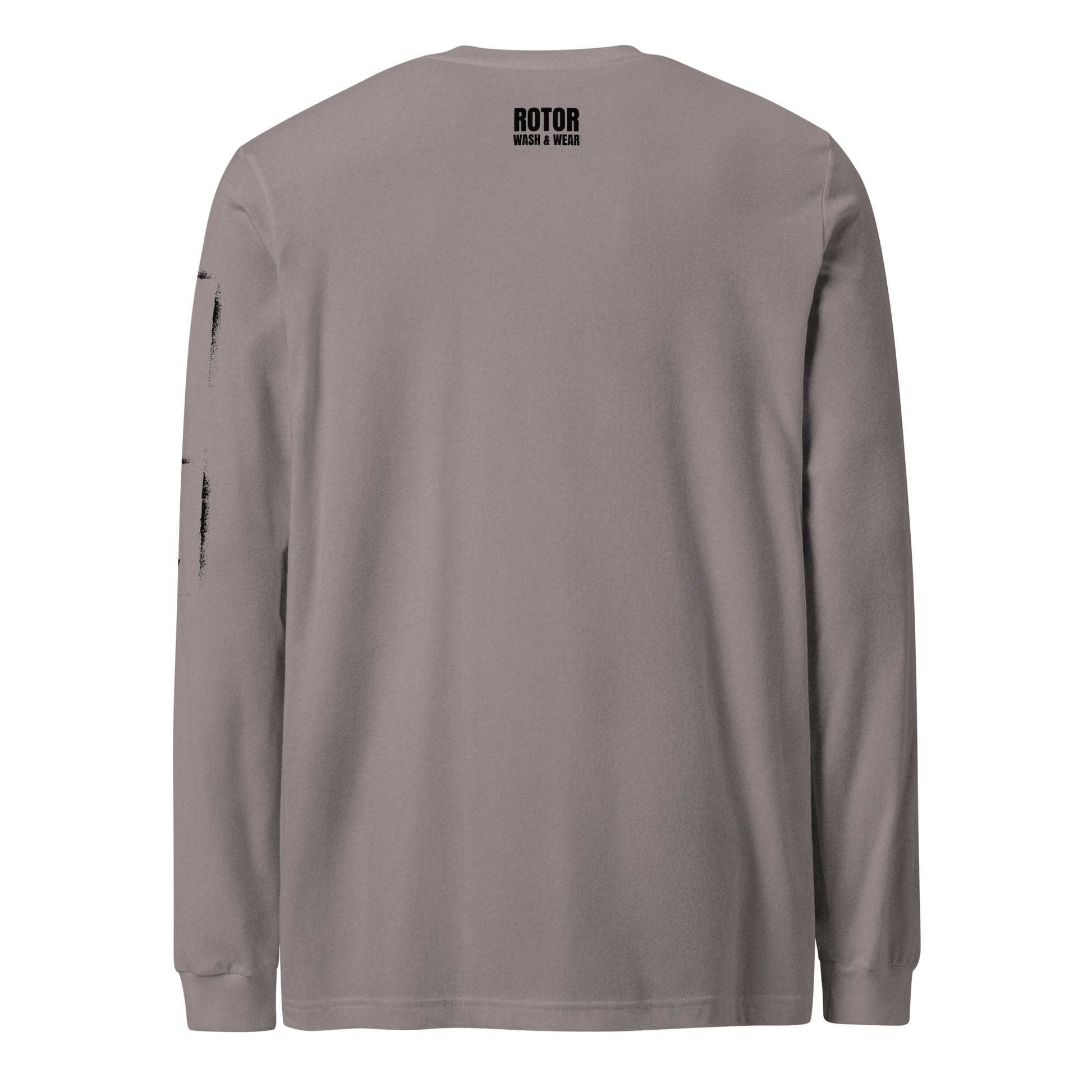 Gray long-sleeve shirt with black "Rotor Wash & Wear" logo on the back against a white background