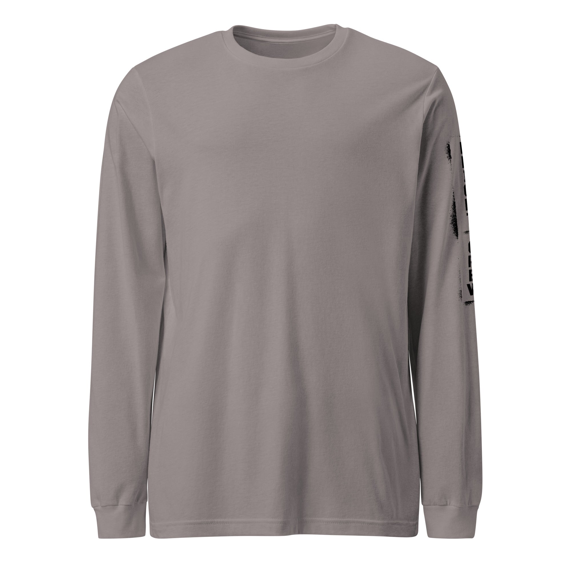 Gray long-sleeve shirt with a logo on the sleeve against a white background
