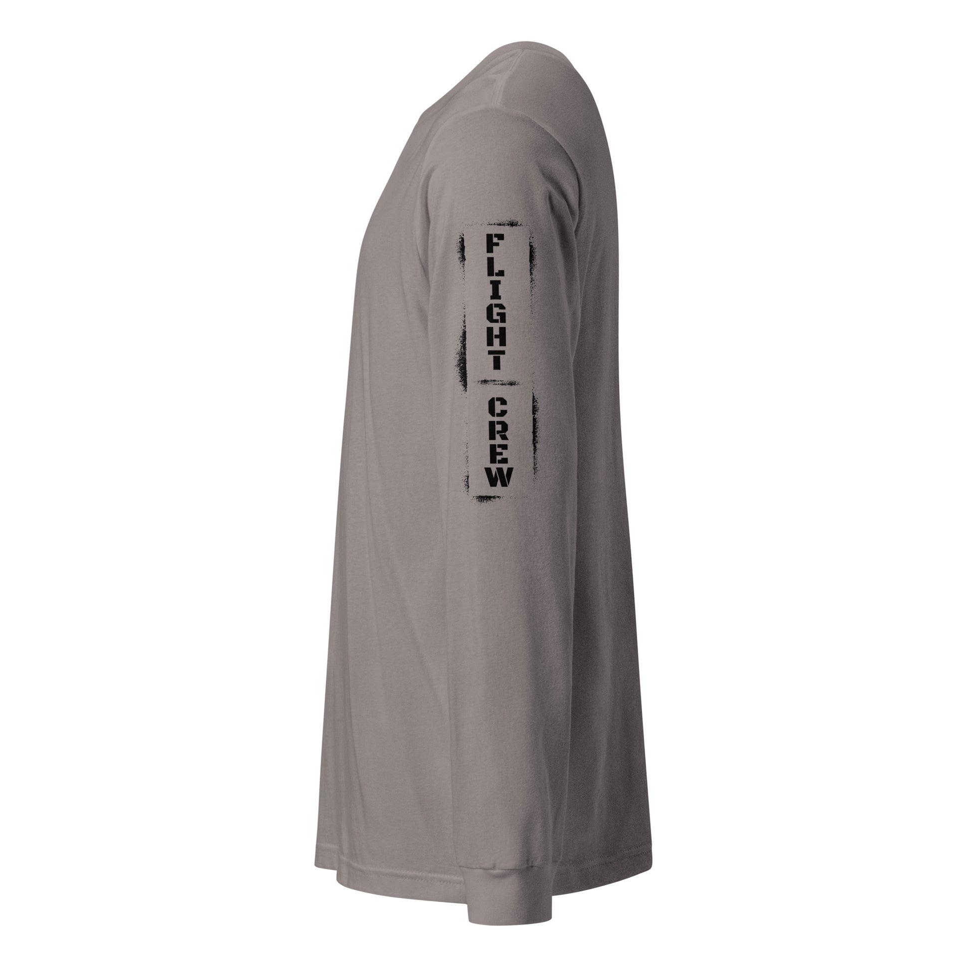 Gray long-sleeve shirt with 'FLIGHT CREW' text on sleeve against by Rotor Wash & Wear