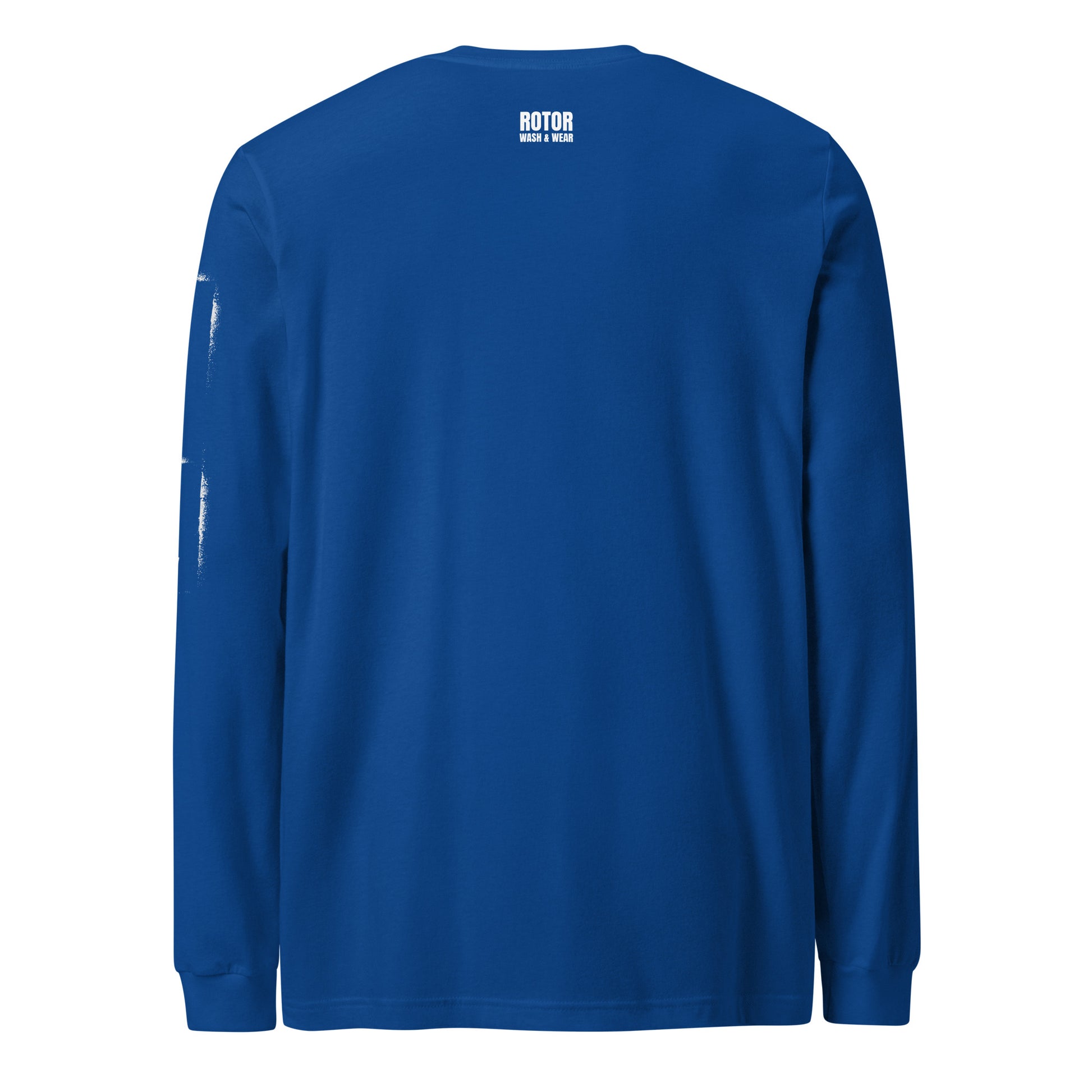 Blue long-sleeve shirt with 'ROTOR WASH & WEAR' branding on the back against a white background