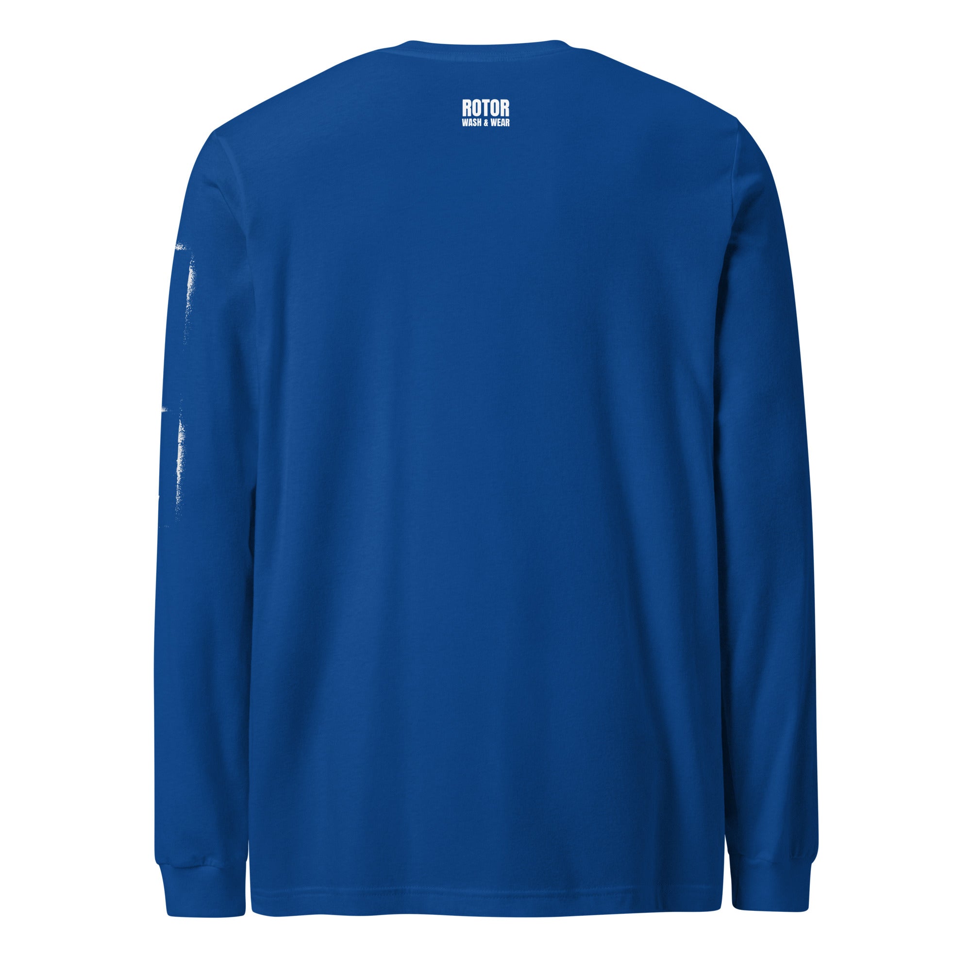 Blue long-sleeve shirt with 'ROTOR WASH & WEAR' branding on the back against a white background