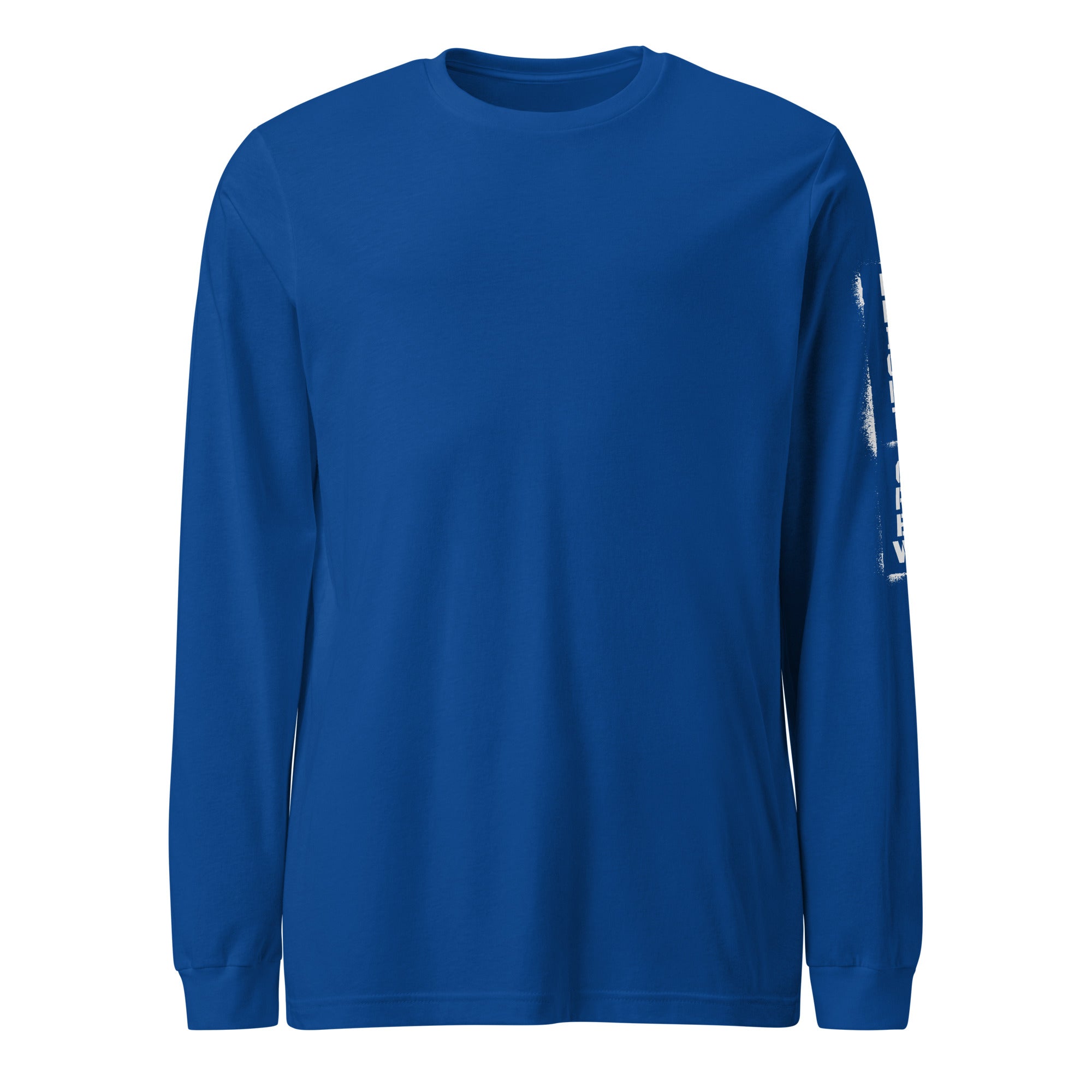 Blue long-sleeve shirt with a white logo on a white background