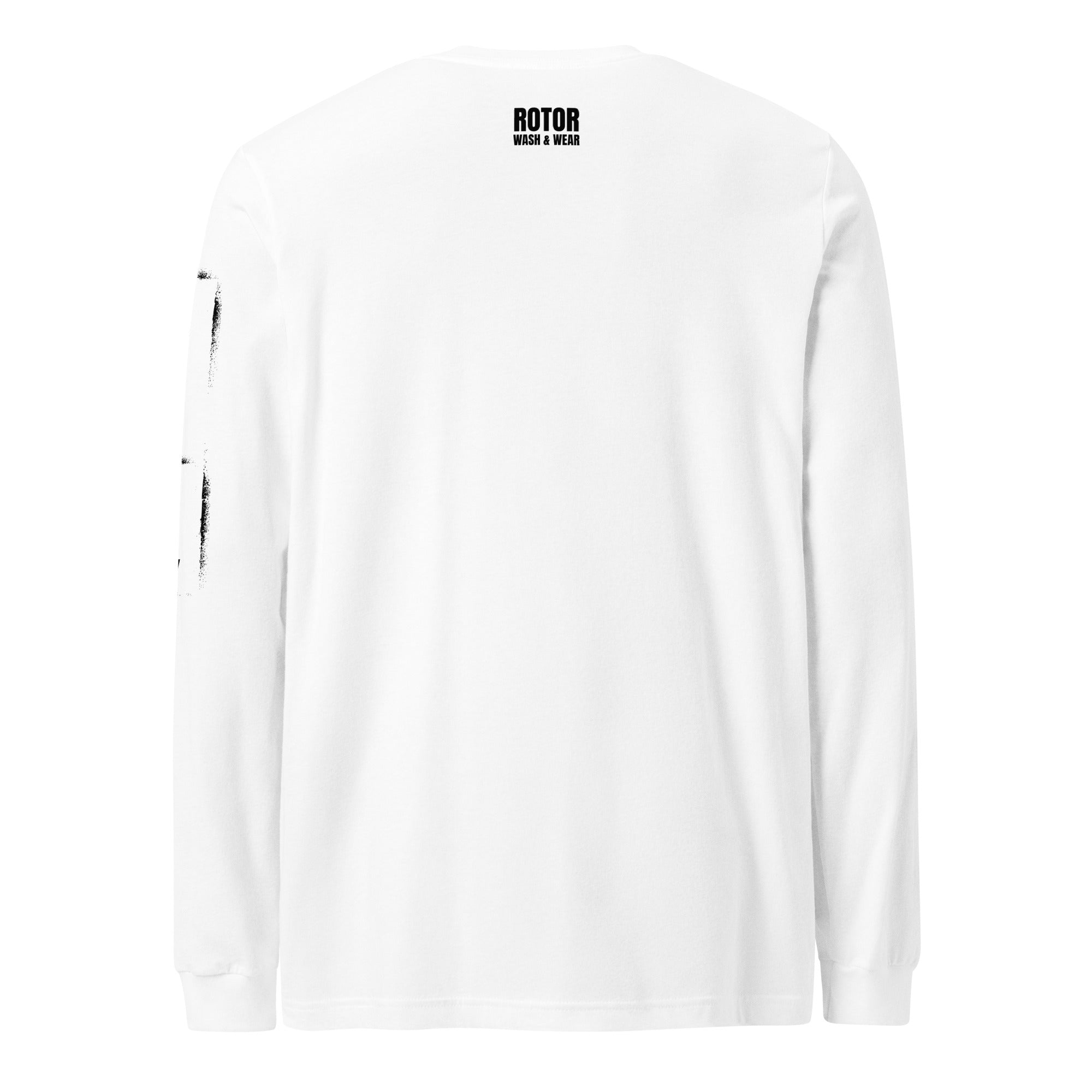 White long-sleeve shirt with black "Rotor Wash & Wear" logo on the back against a white background