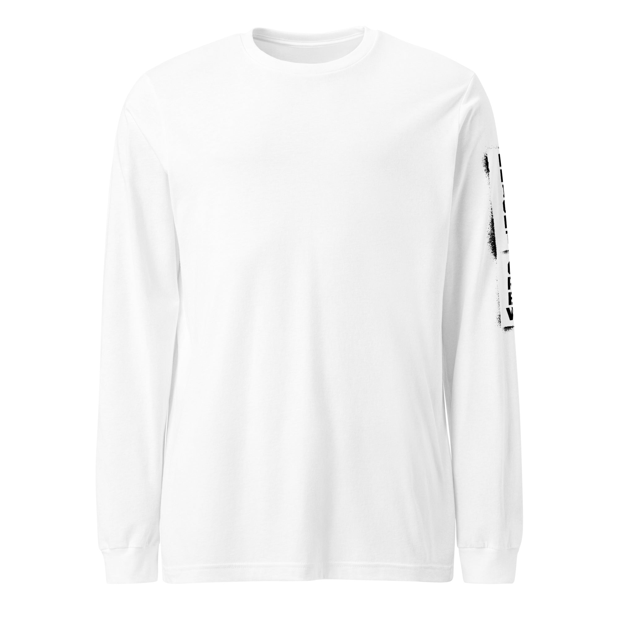White long-sleeve shirt with black sleeve design on a white background
