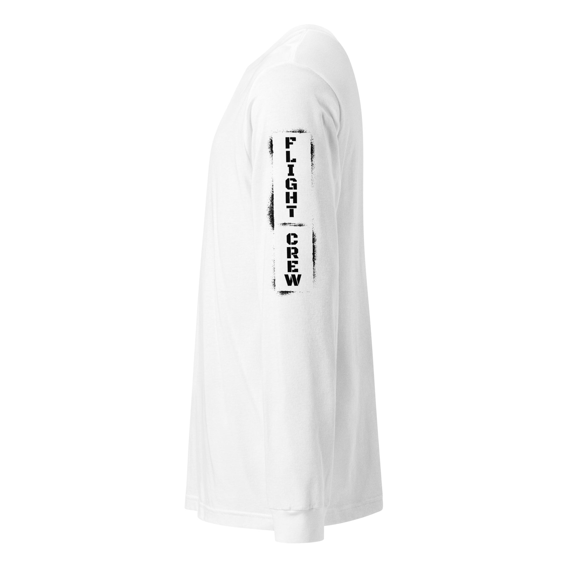 White long-sleeve shirt with 'FLIGHT CREW' text on sleeve against by Rotor Wash & Wear