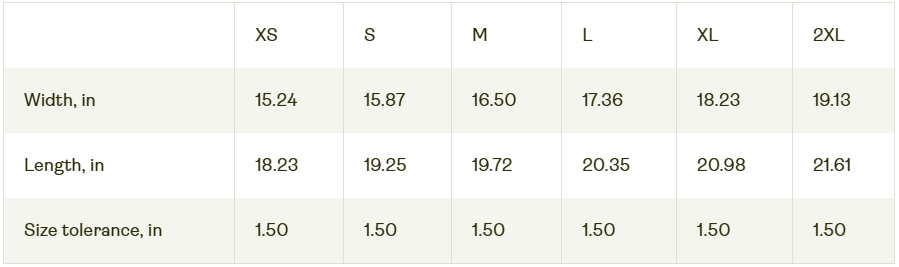 Measurement chart for width and length in inches with size tolerance for tank top.