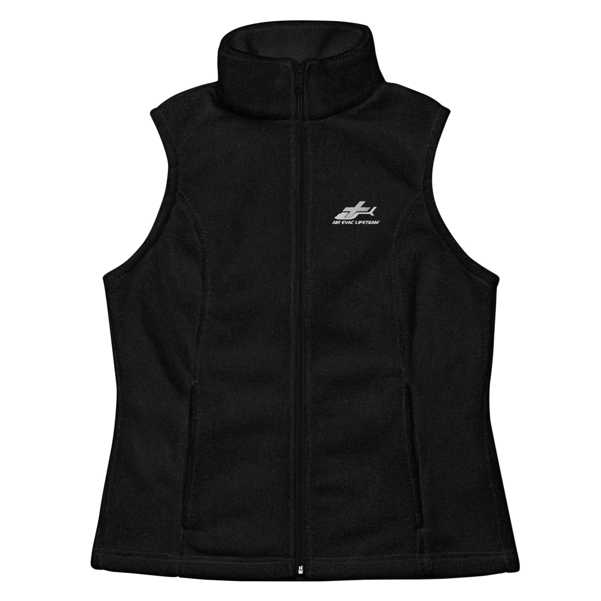 Black women's Columbia brand vest with Air Evac Lifeteam logo embroidered on the left chest in white