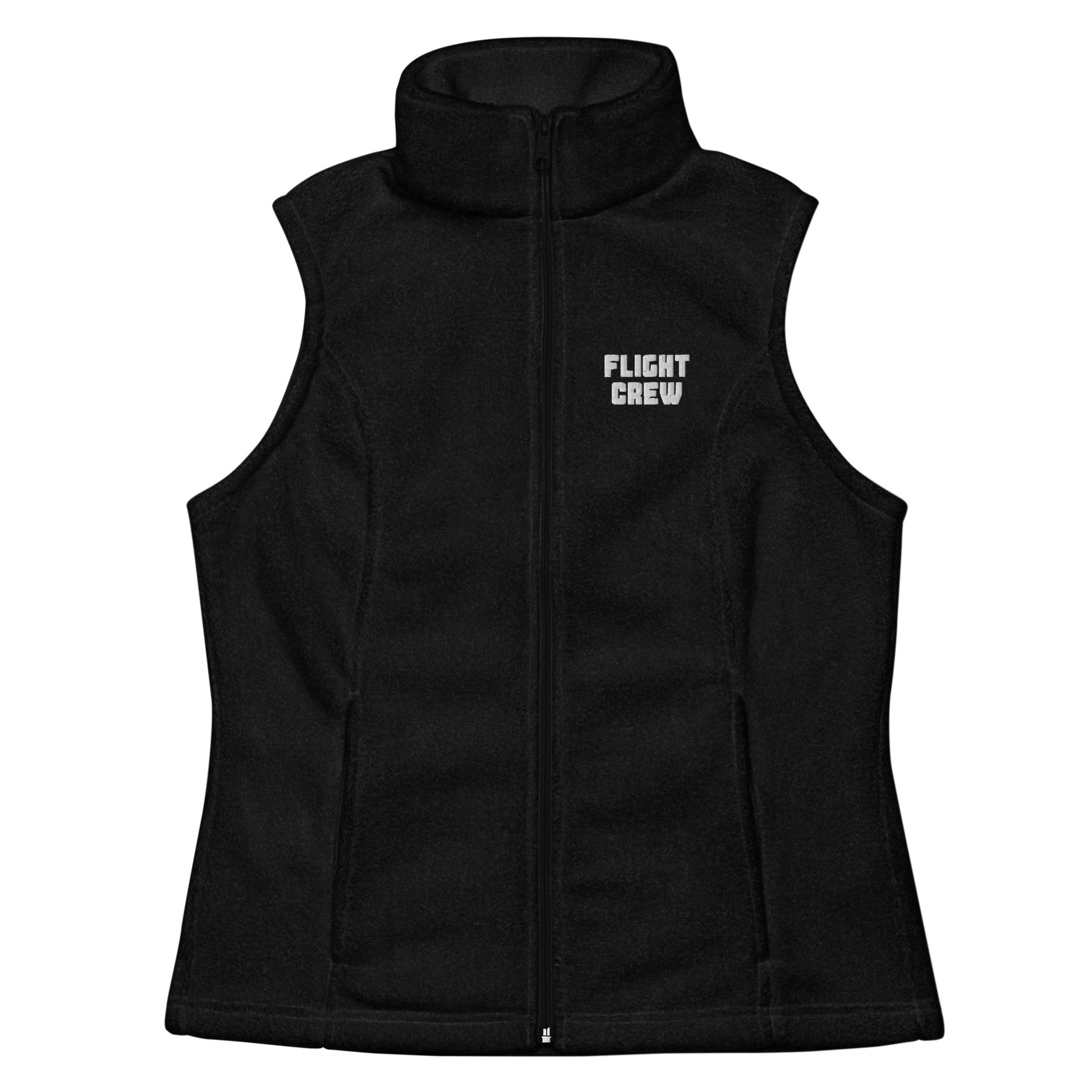 Black women's Columbia brand vest with text "flight crew" embroidered on the left chest in white